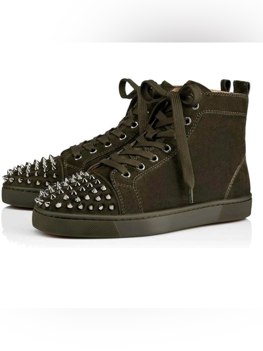 Christian Louboutin Lou Spikes High Top Sneakers Tyrol Green/Olive Suede EU 44